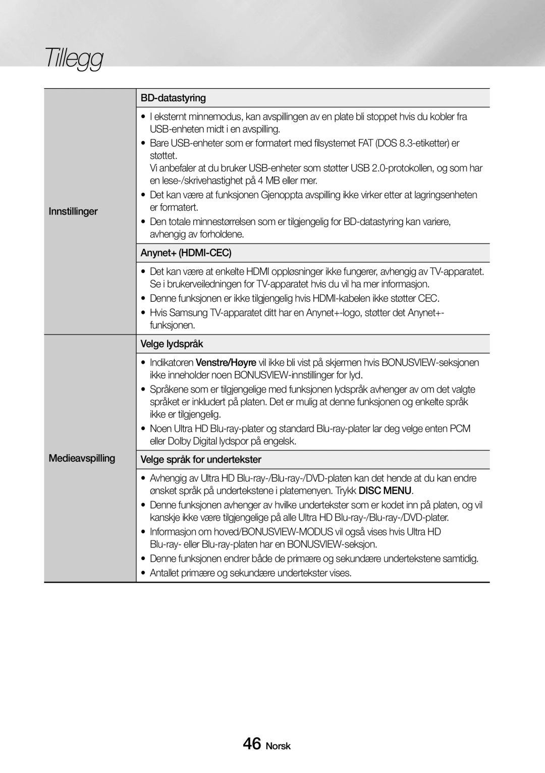 Samsung UBD-M8500/XE BD-datastyring, USB-enheten midt i en avspilling, Støttet, En lese-/skrivehastighet på 4 MB eller mer 