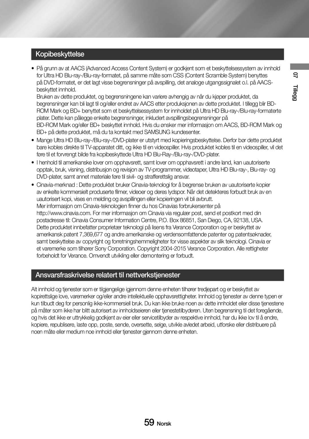 Samsung UBD-M8500/XE manual Kopibeskyttelse, Ansvarsfraskrivelse relatert til nettverkstjenester 