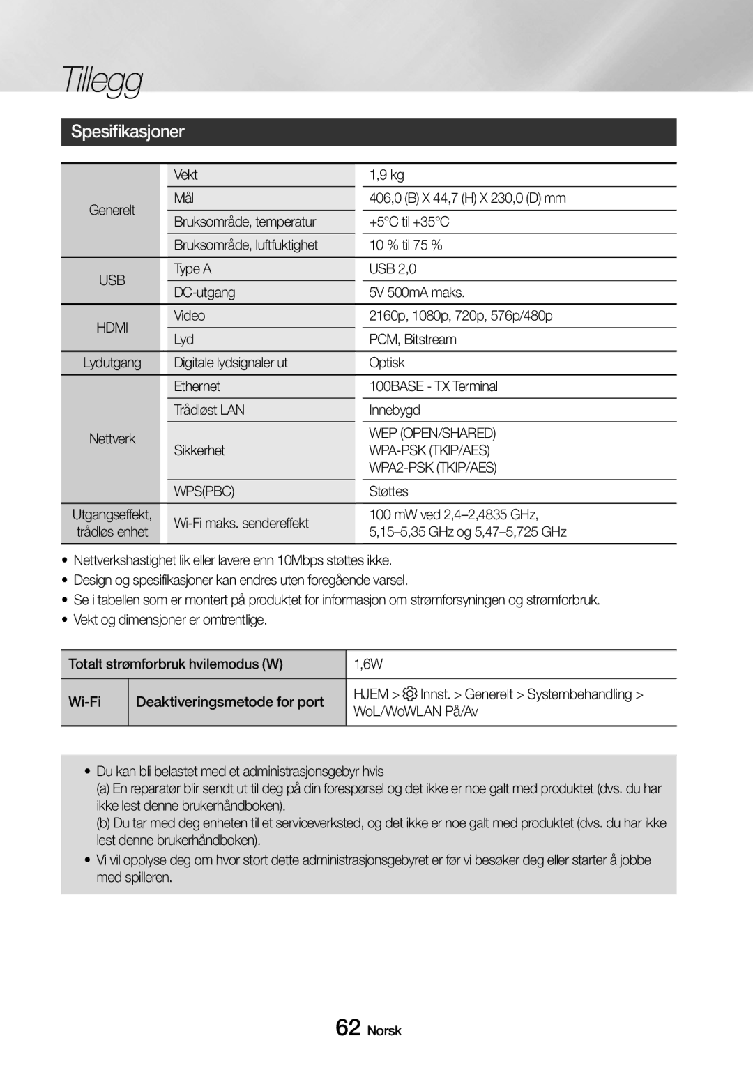 Samsung UBD-M8500/XE manual Spesifikasjoner, Wep Open/Shared, Wpa-Psk Tkip/Aes, WPA2-PSK TKIP/AES, Wpspbc 