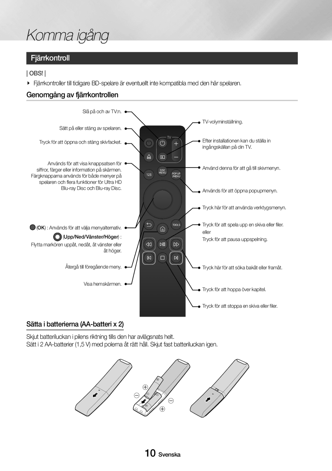 Samsung UBD-M8500/XE manual Fjärrkontroll, Genomgång av fjärrkontrollen, Sätta i batterierna AA-batteri x 