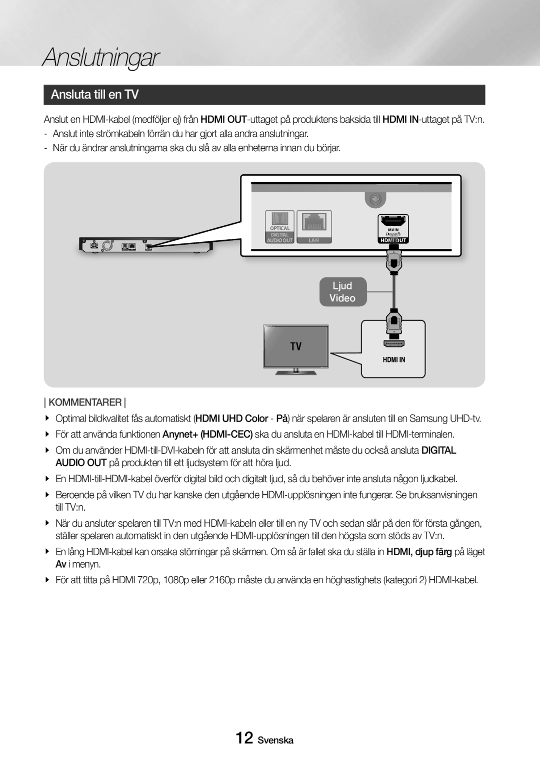 Samsung UBD-M8500/XE manual Anslutningar, Ansluta till en TV 