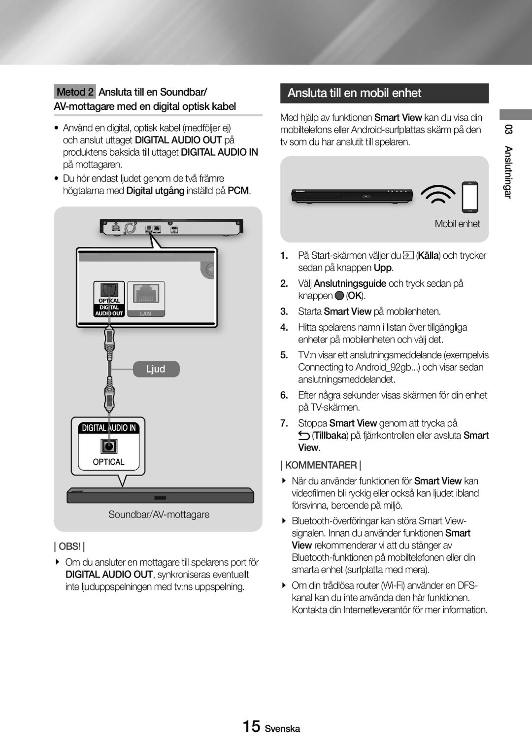 Samsung UBD-M8500/XE manual Ansluta till en mobil enhet 