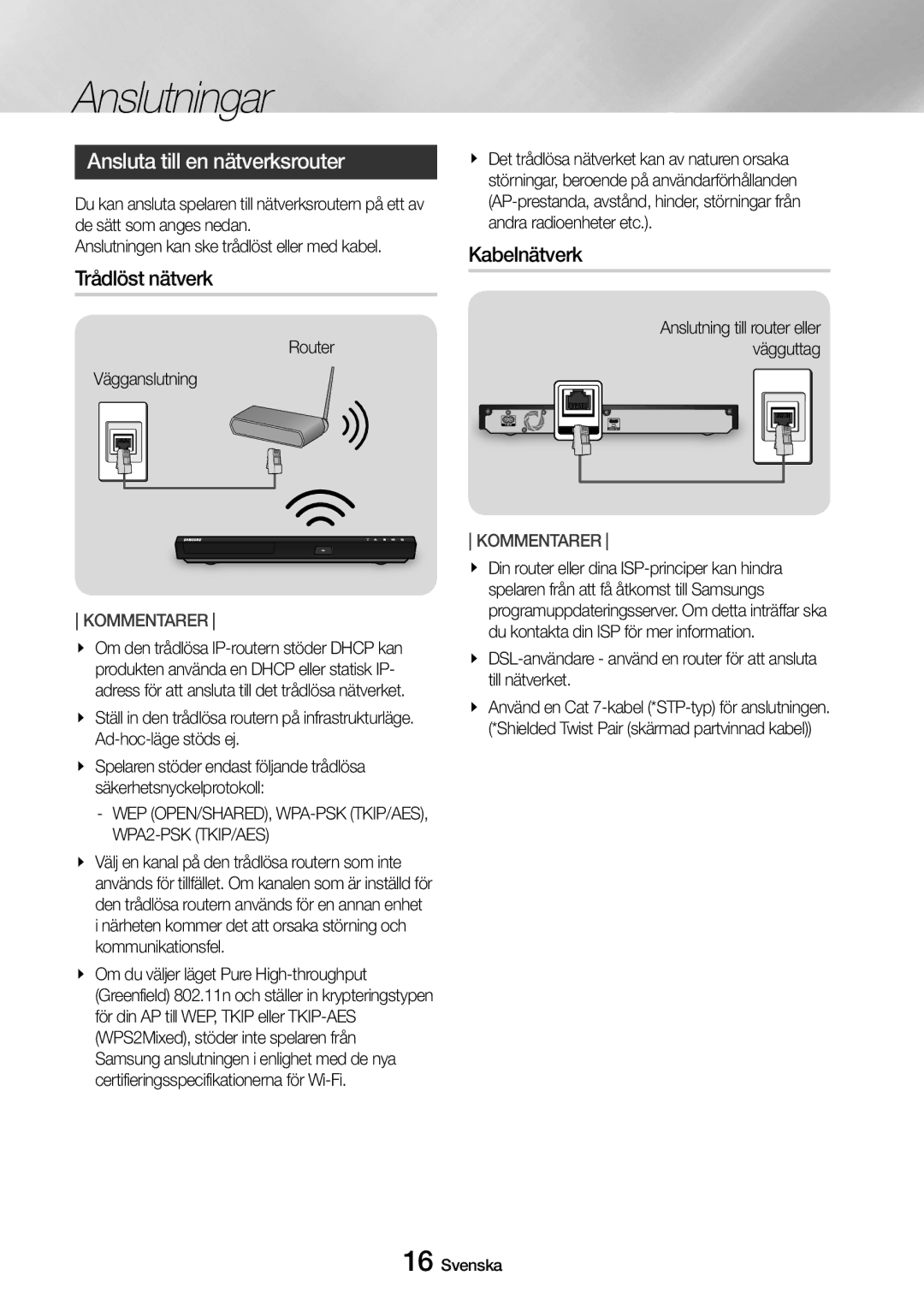 Samsung UBD-M8500/XE manual Ansluta till en nätverksrouter, Trådlöst nätverk, Kabelnätverk 