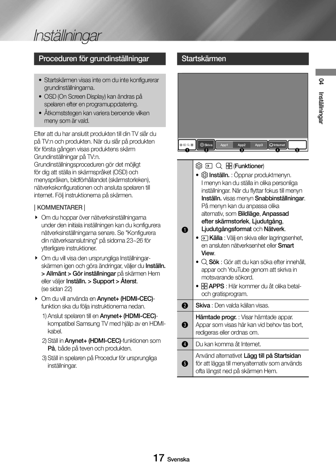 Samsung UBD-M8500/XE manual Inställningar, Proceduren för grundinställningar, Startskärmen 