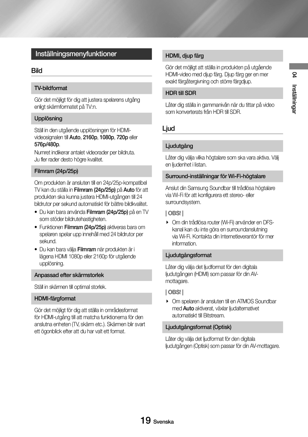 Samsung UBD-M8500/XE manual Inställningsmenyfunktioner, Bild, Ljud 