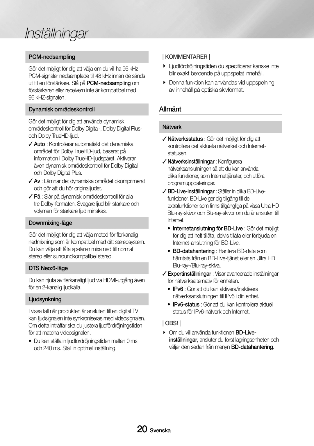 Samsung UBD-M8500/XE manual Allmänt, PCM-nedsampling, Dynamisk områdeskontroll, Downmixing-läge 