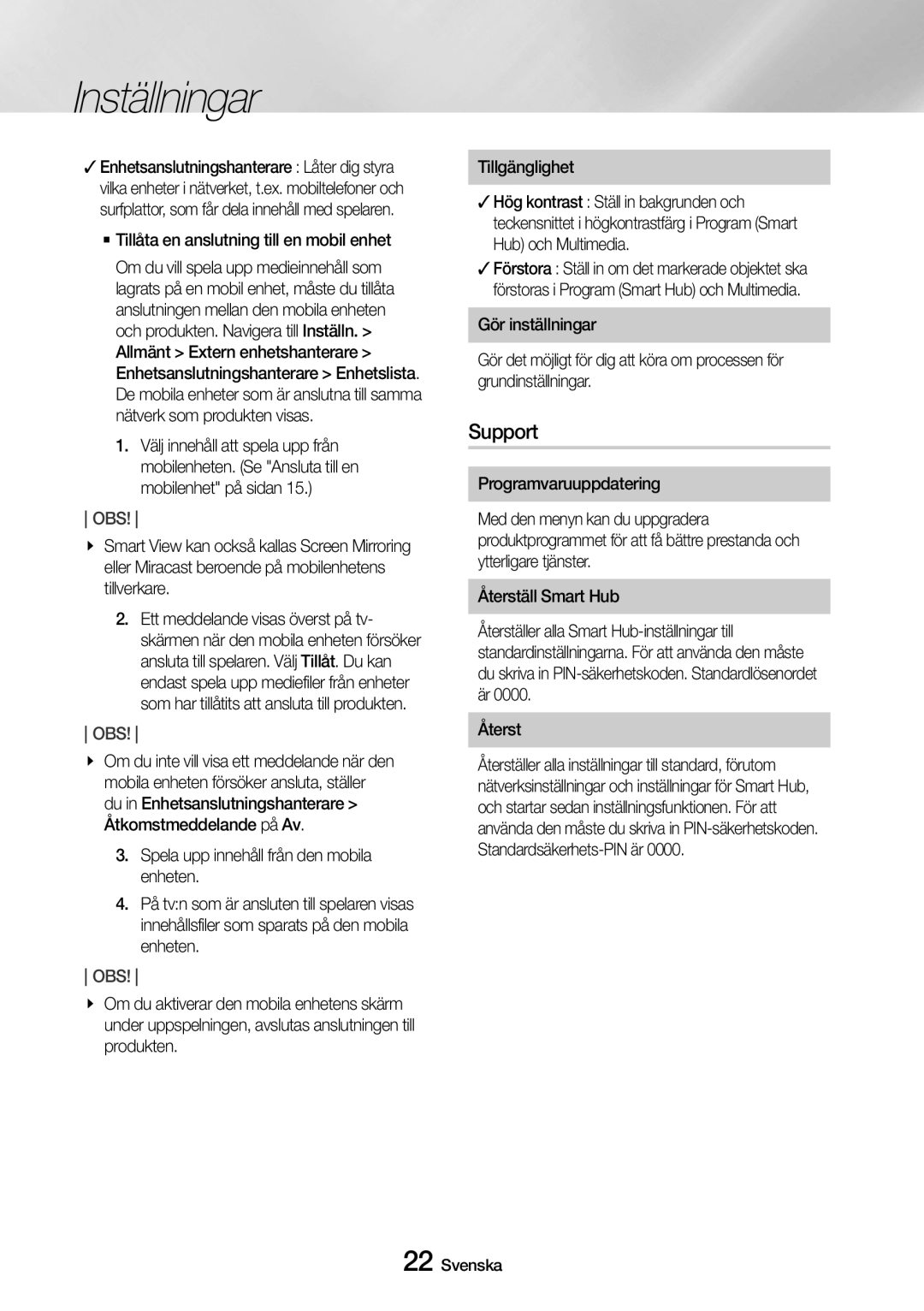 Samsung UBD-M8500/XE manual Support, ``Tillåta en anslutning till en mobil enhet 