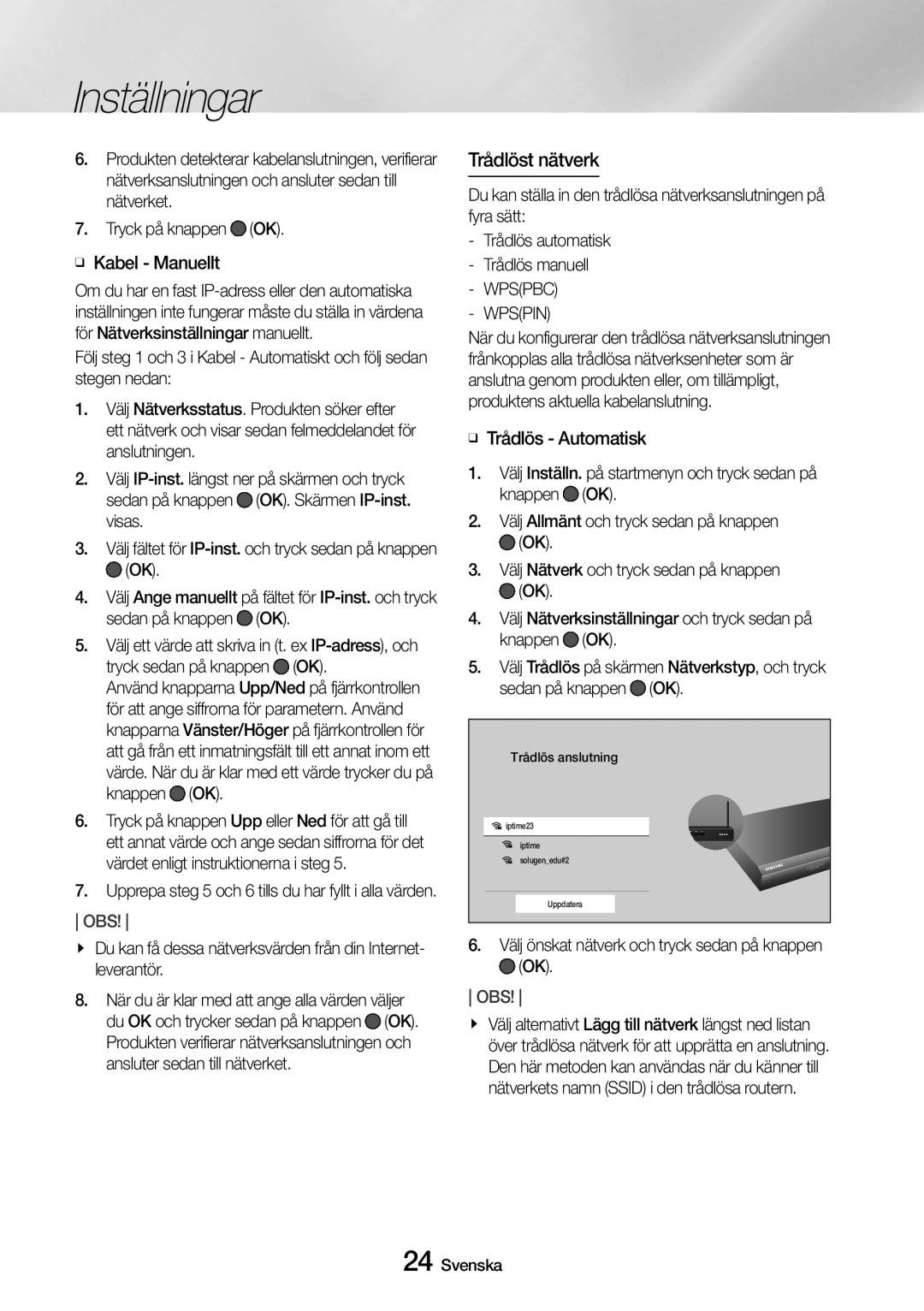 Samsung UBD-M8500/XE manual Trådlöst nätverk, Wpspin, Välj önskat nätverk och tryck sedan på knappen OK 