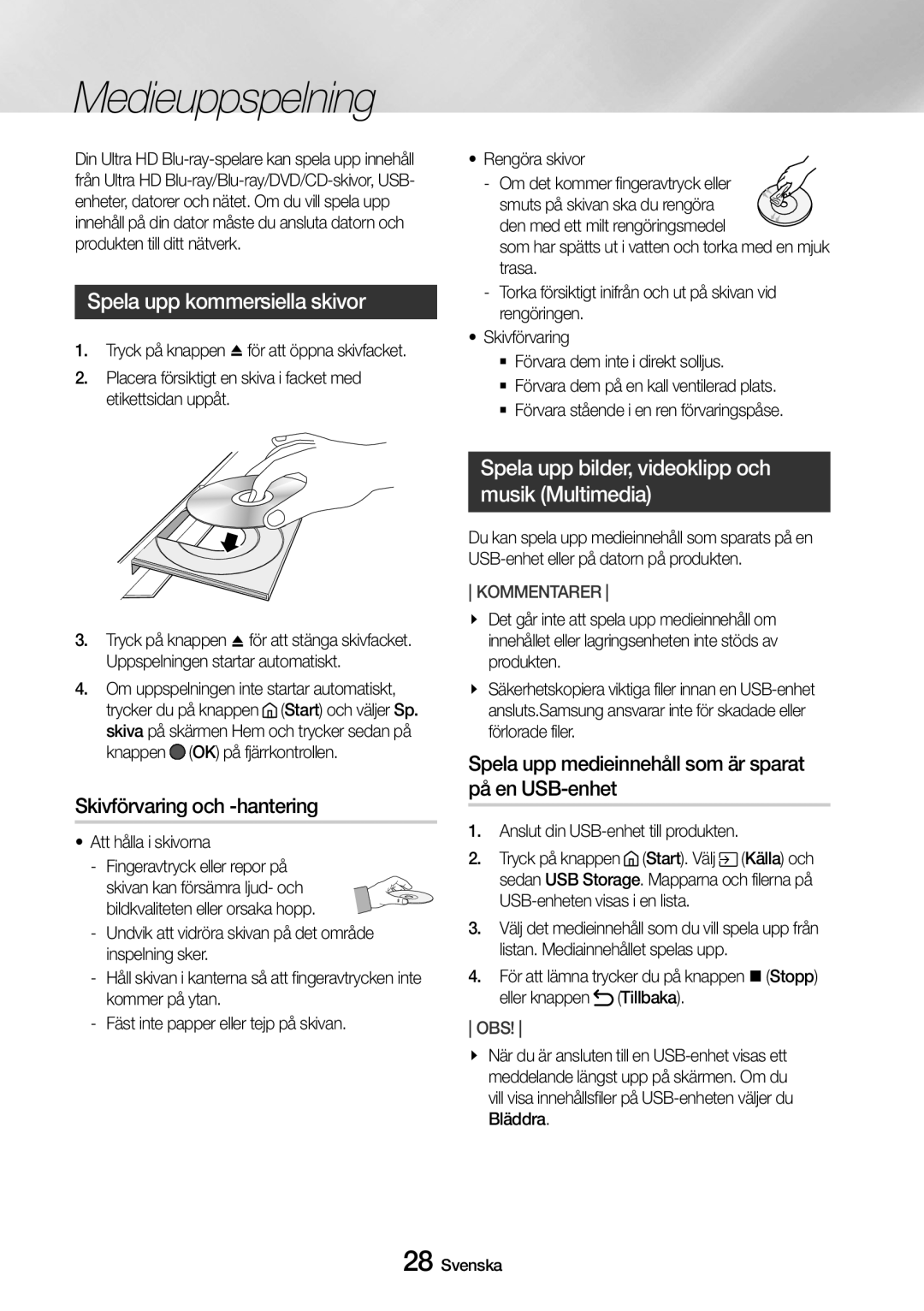 Samsung UBD-M8500/XE manual Medieuppspelning, Spela upp kommersiella skivor, Skivförvaring och -hantering 