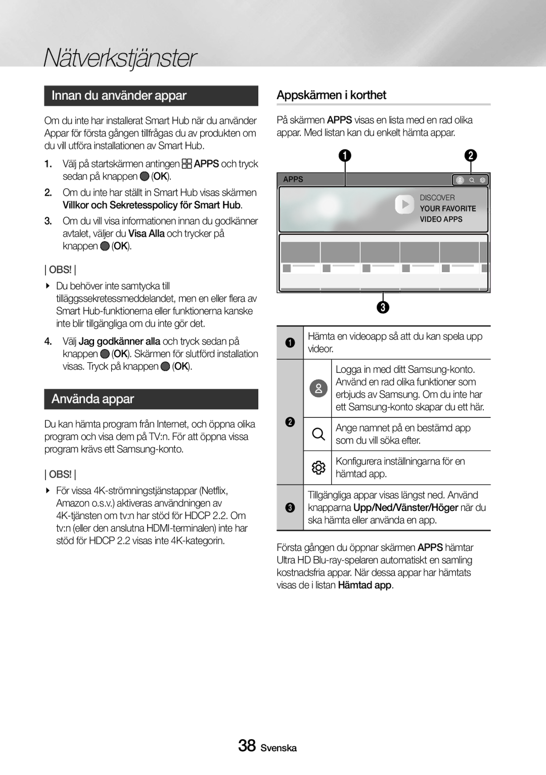 Samsung UBD-M8500/XE manual Innan du använder appar, Använda appar, Appskärmen i korthet 