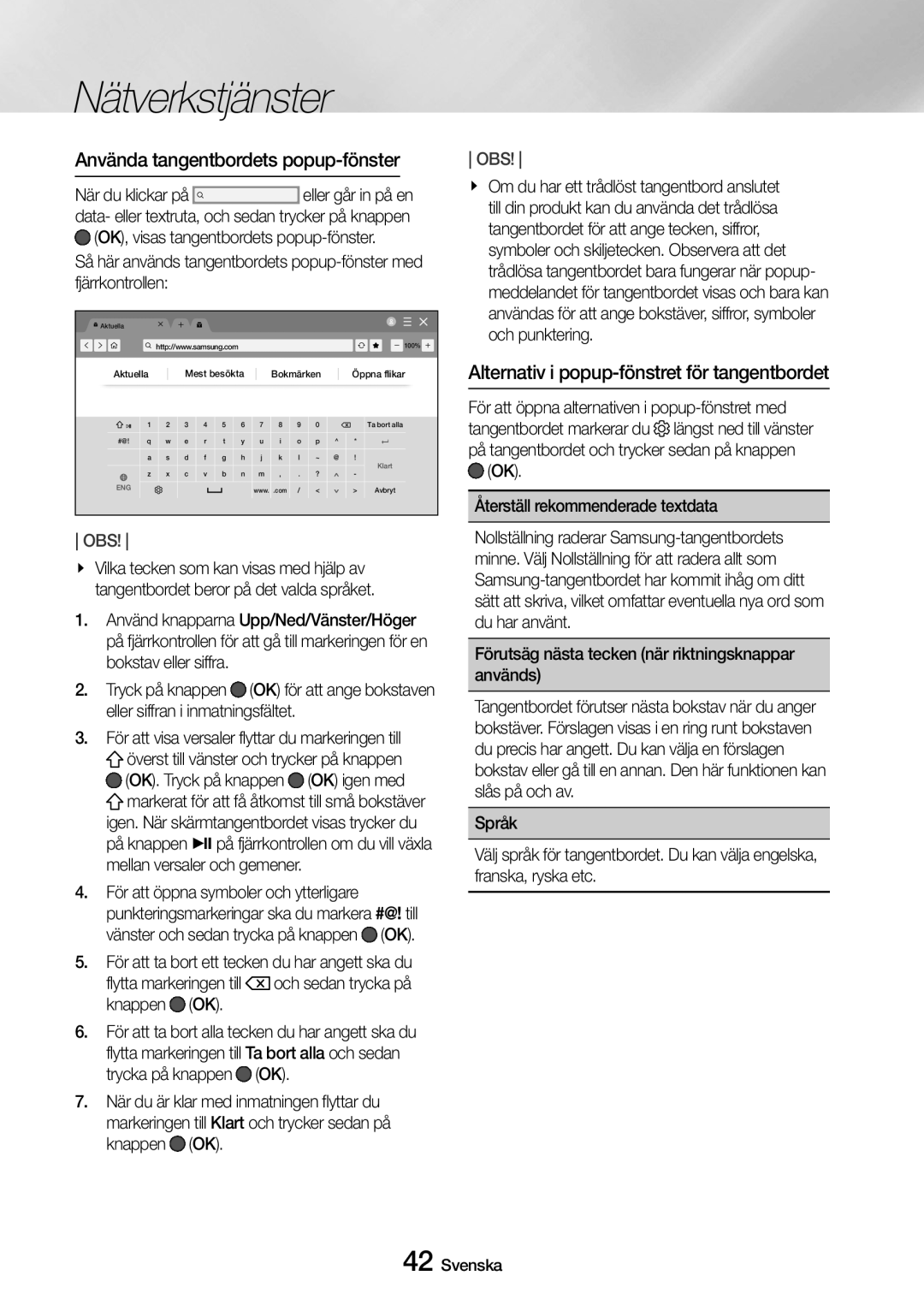 Samsung UBD-M8500/XE manual Använda tangentbordets popup-fönster, Alternativ i popup-fönstret för tangentbordet 