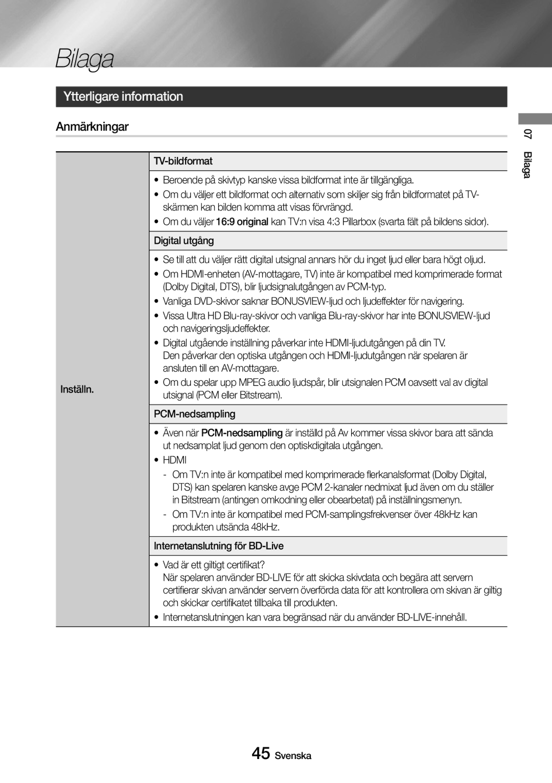 Samsung UBD-M8500/XE manual Bilaga, Ytterligare information, Anmärkningar, Hdmi 