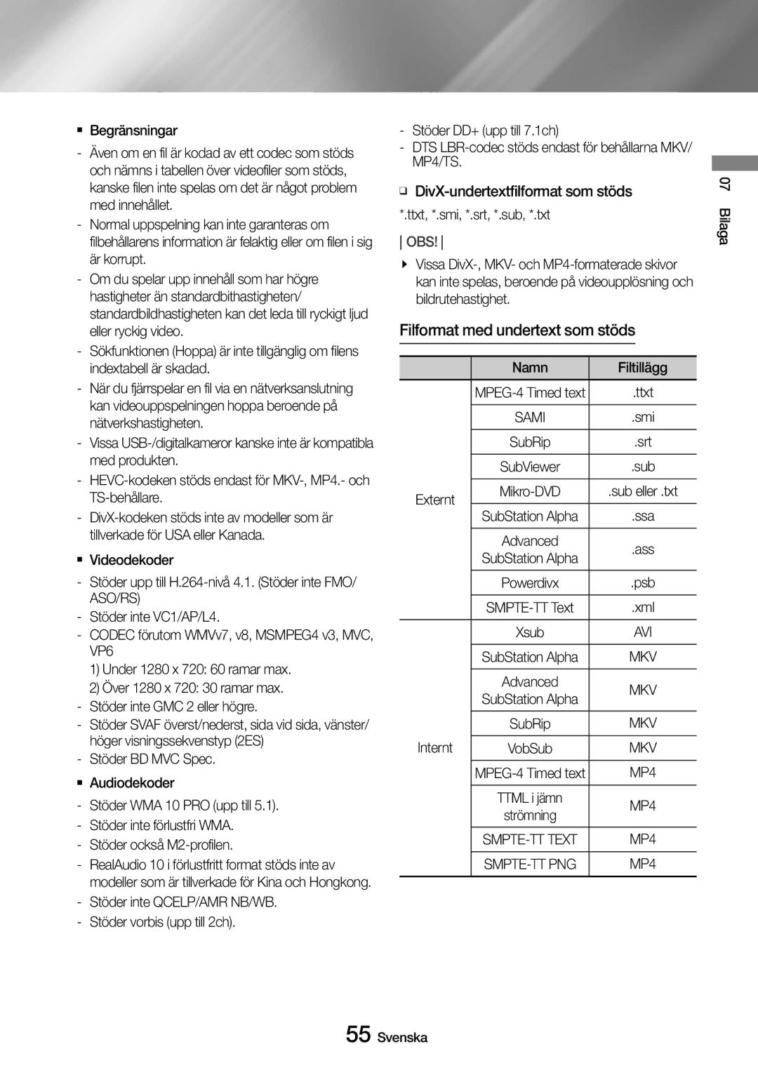 Samsung UBD-M8500/XE manual Filformat med undertext som stöds 