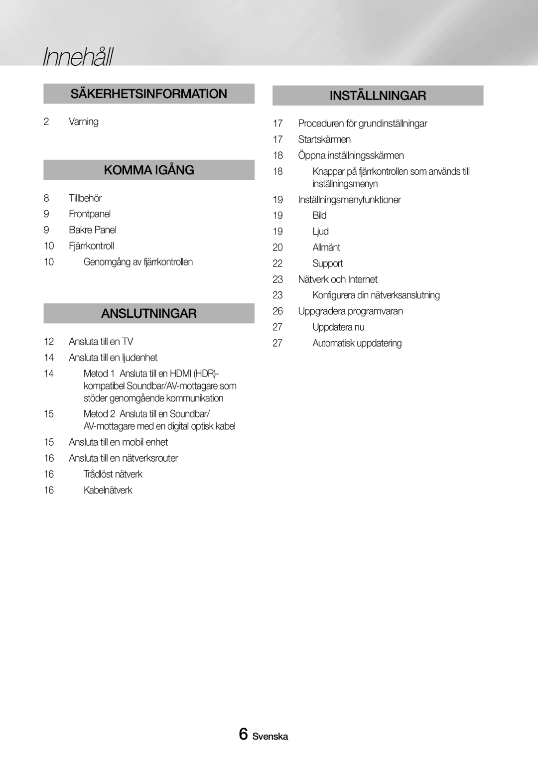 Samsung UBD-M8500/XE manual Innehåll, Varning, Tillbehör Frontpanel Bakre Panel 10 Fjärrkontroll 