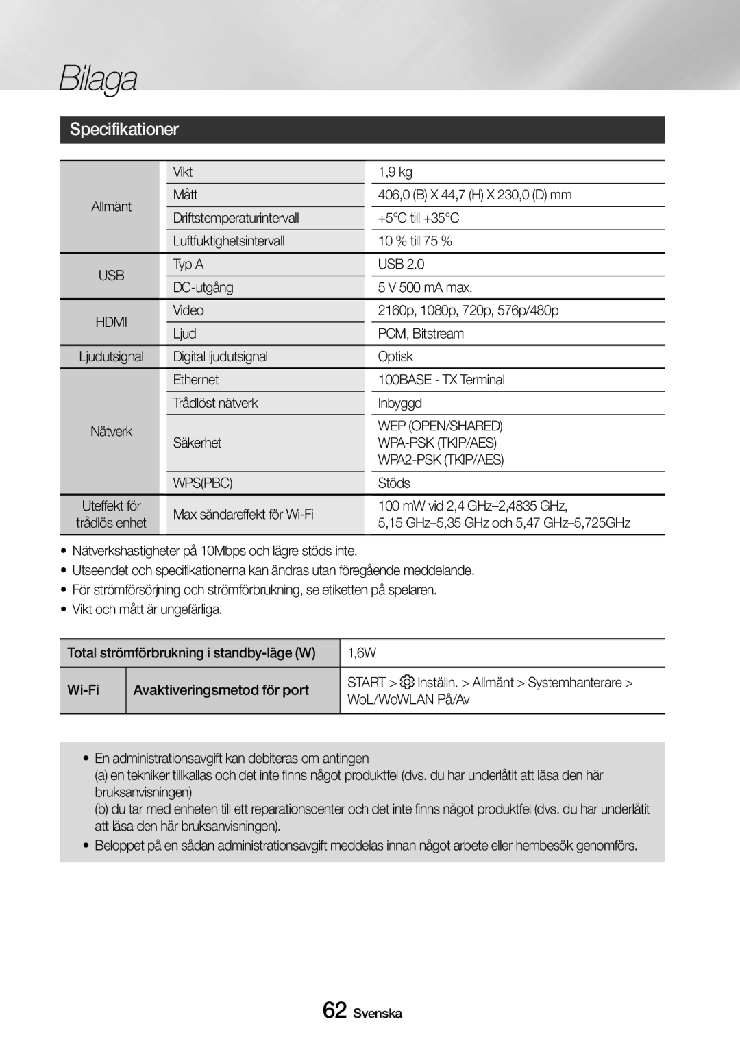 Samsung UBD-M8500/XE manual Specifikationer, Wep Open/Shared, Wpa-Psk Tkip/Aes, WPA2-PSK TKIP/AES, Wpspbc 