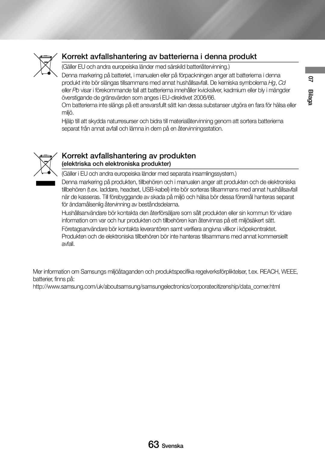 Samsung UBD-M8500/XE manual Korrekt avfallshantering av batterierna i denna produkt 