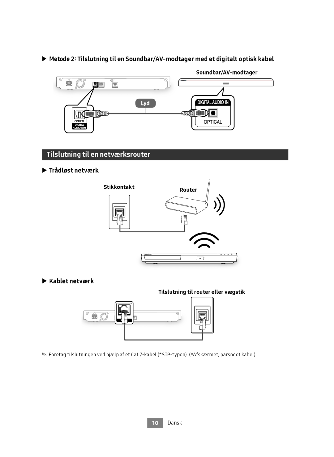 Samsung UBD-M8500/XE manual Tilslutning til en netværksrouter, Trådløst netværk, Kablet netværk, StikkontaktRouter 