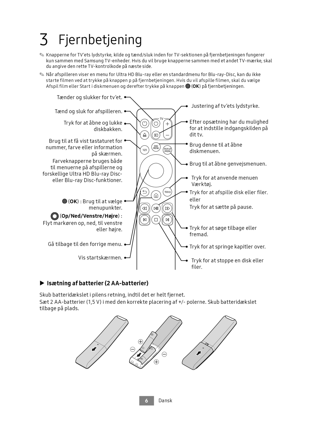 Samsung UBD-M8500/XE manual Fjernbetjening, Isætning af batterier 2 AA-batterier, Tænder og slukker for tv’et 