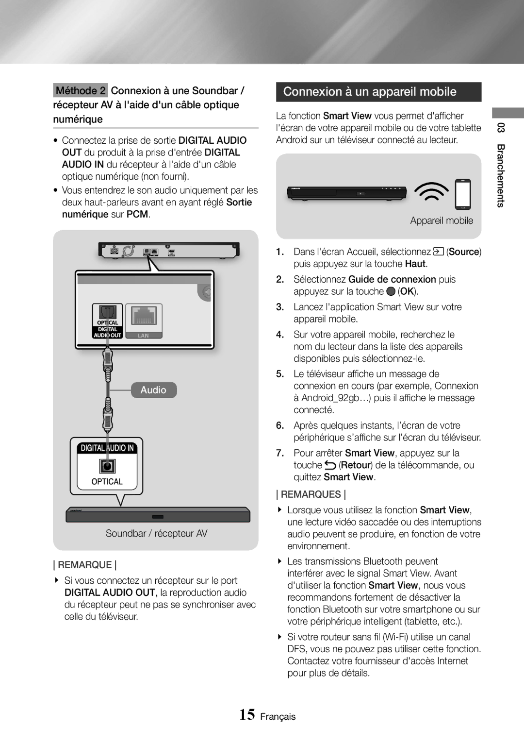 Samsung UBD-M8500/ZF manual Connexion à un appareil mobile, Appareil mobile 