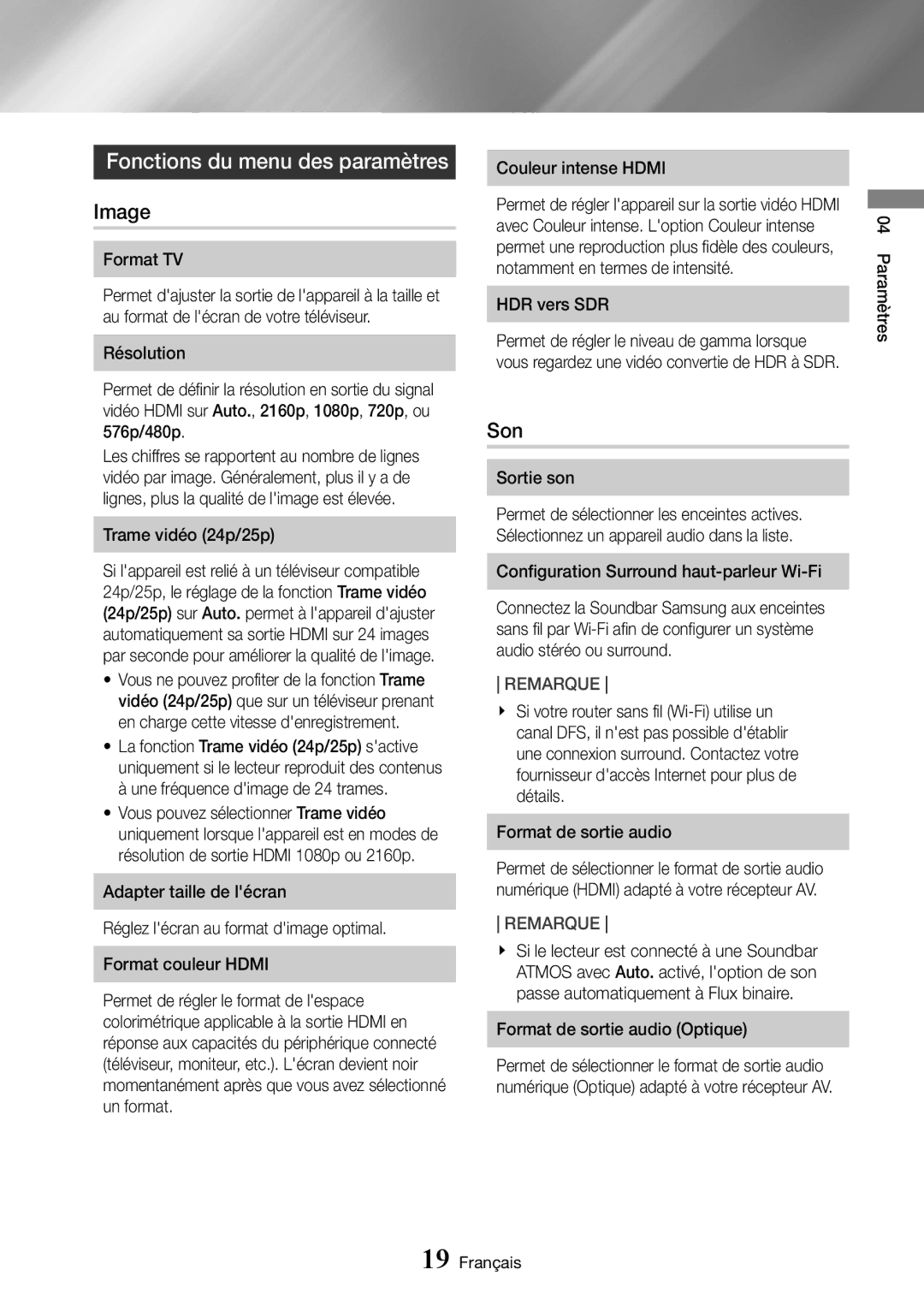 Samsung UBD-M8500/ZF manual Fonctions du menu des paramètres, Image, Son 