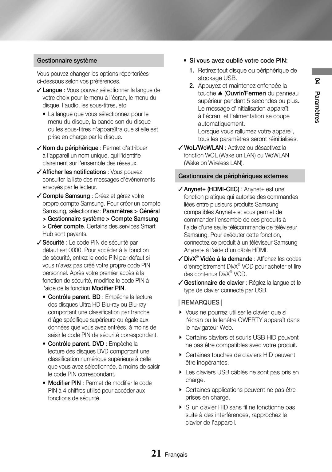 Samsung UBD-M8500/ZF manual Gestionnaire système, Lécran, et lalimentation se coupe automatiquement 