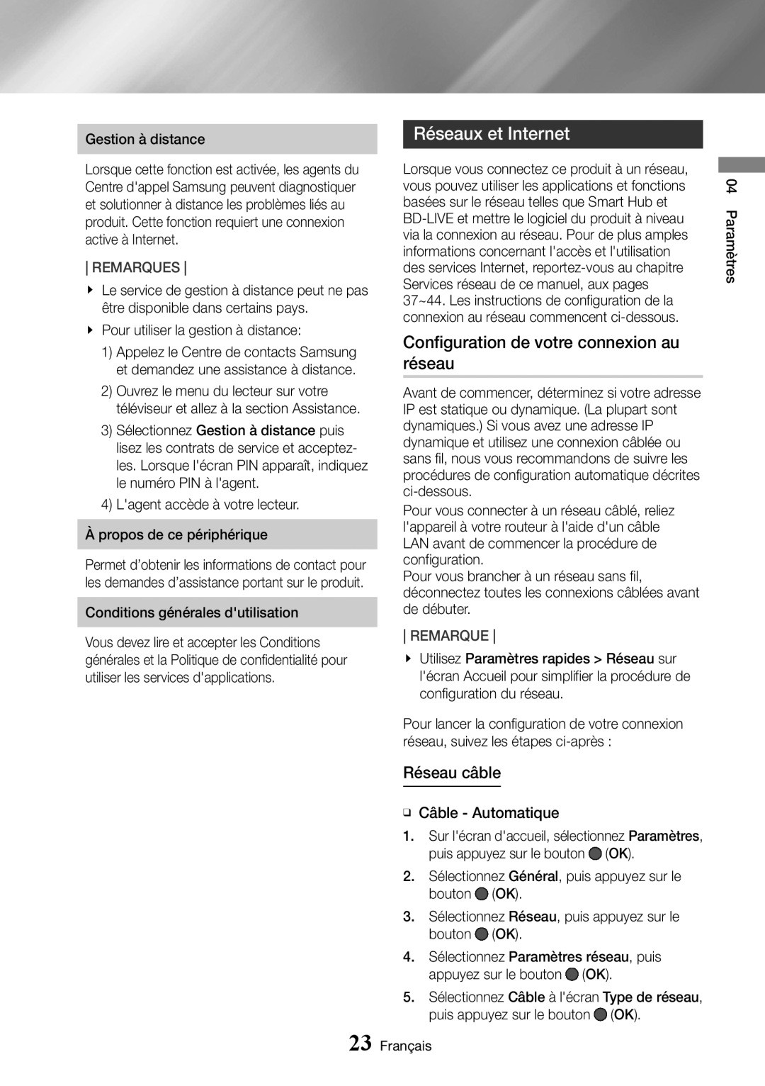 Samsung UBD-M8500/ZF manual Réseaux et Internet, Configuration de votre connexion au réseau, Réseau câble 