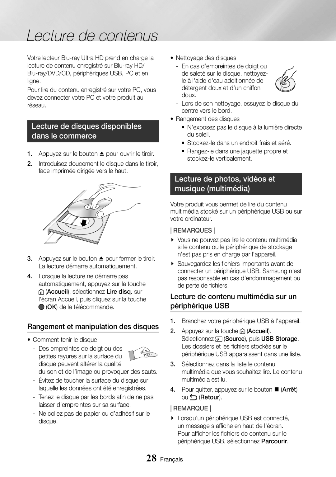 Samsung UBD-M8500/ZF manual Lecture de disques disponibles dans le commerce, Rangement et manipulation des disques 