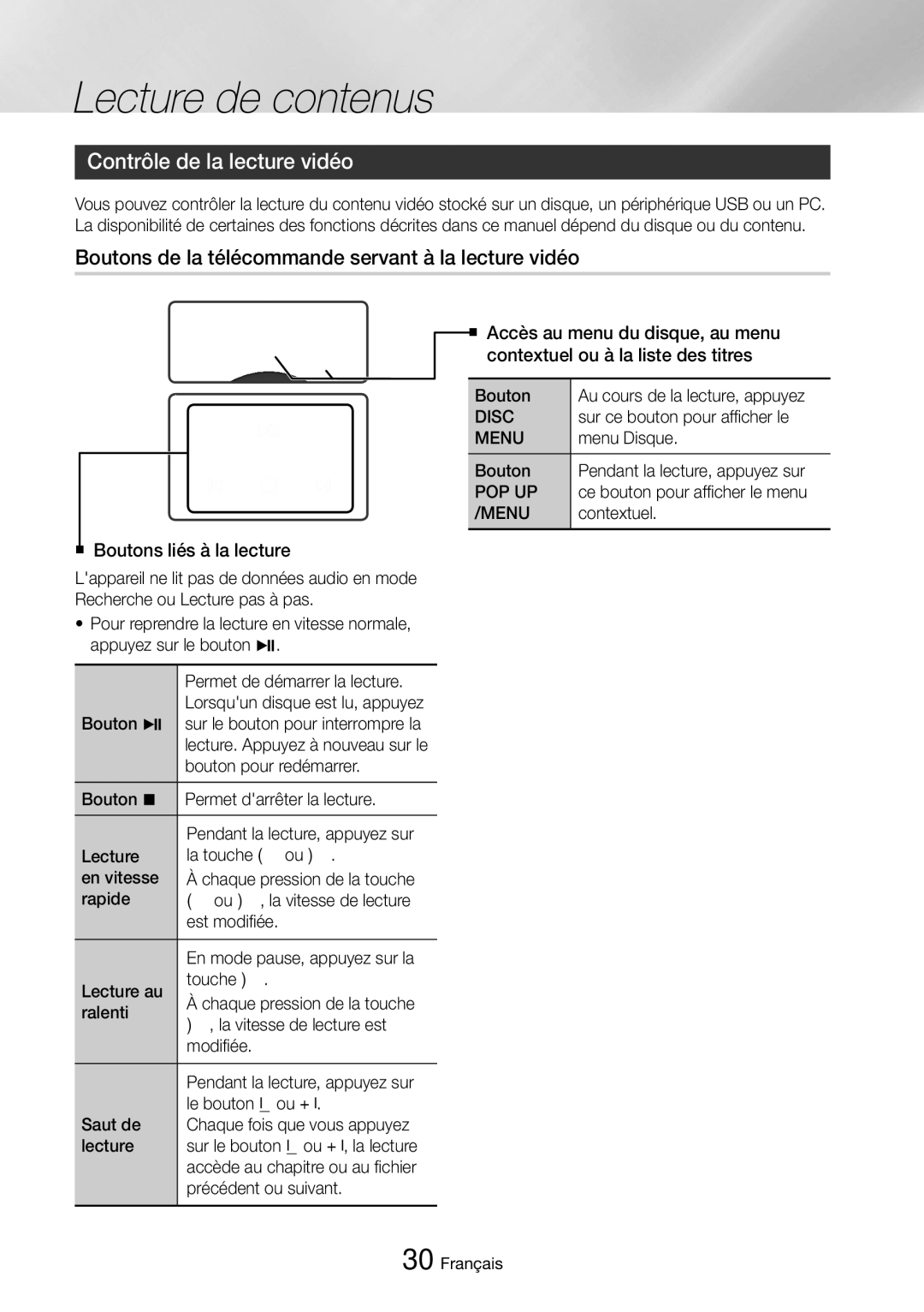 Samsung UBD-M8500/ZF manual Lecture de contenus, Contrôle de la lecture vidéo 