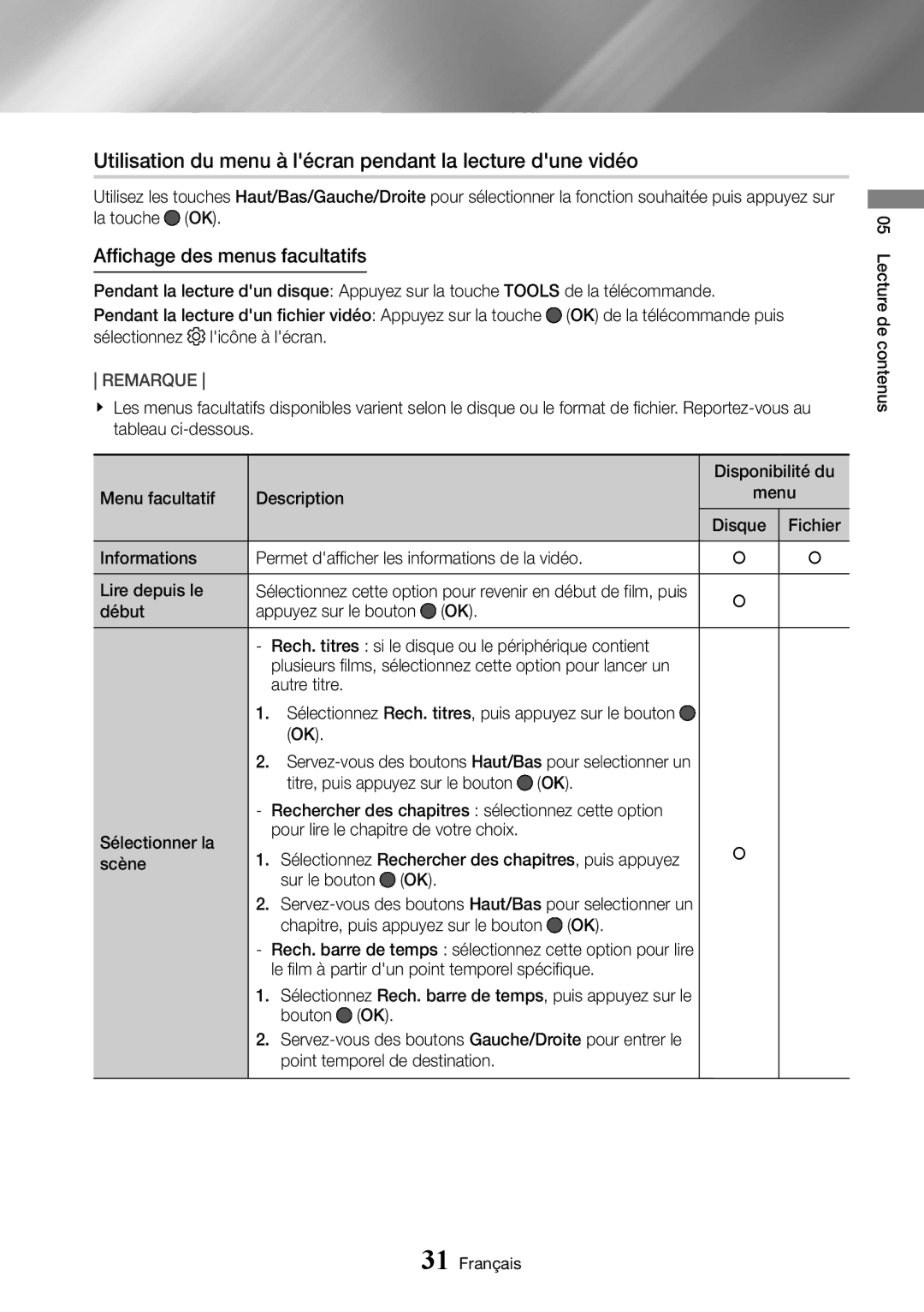 Samsung UBD-M8500/ZF manual Utilisation du menu à lécran pendant la lecture dune vidéo, Affichage des menus facultatifs 