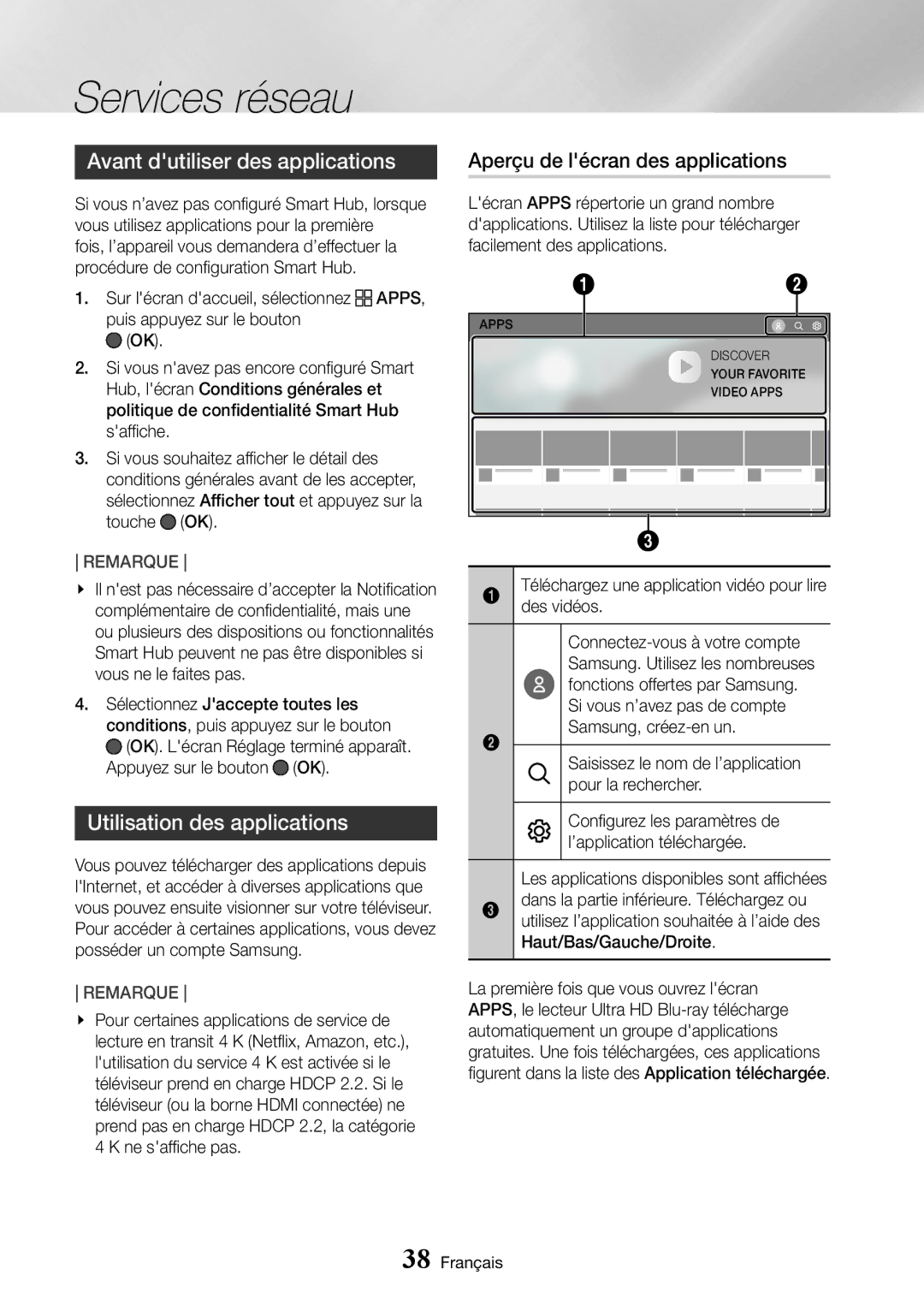 Samsung UBD-M8500/ZF Avant dutiliser des applications, Utilisation des applications, Aperçu de lécran des applications 