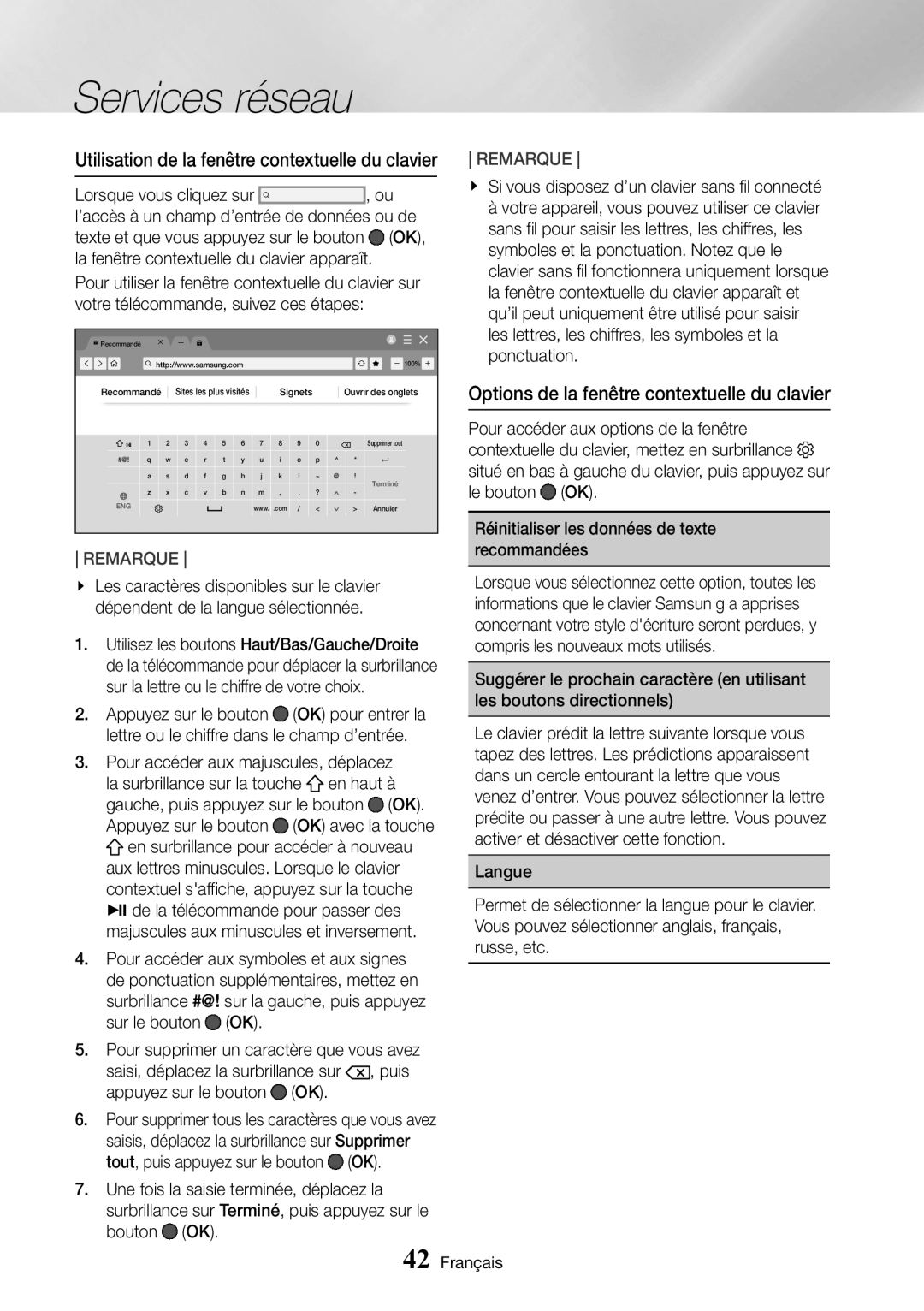 Samsung UBD-M8500/ZF Options de la fenêtre contextuelle du clavier, Utilisation de la fenêtre contextuelle du clavier 