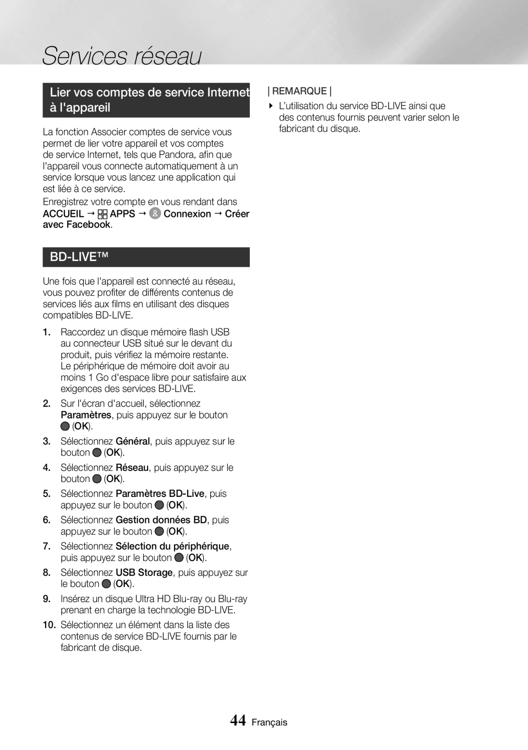 Samsung UBD-M8500/ZF manual Lier vos comptes de service Internet à lappareil 