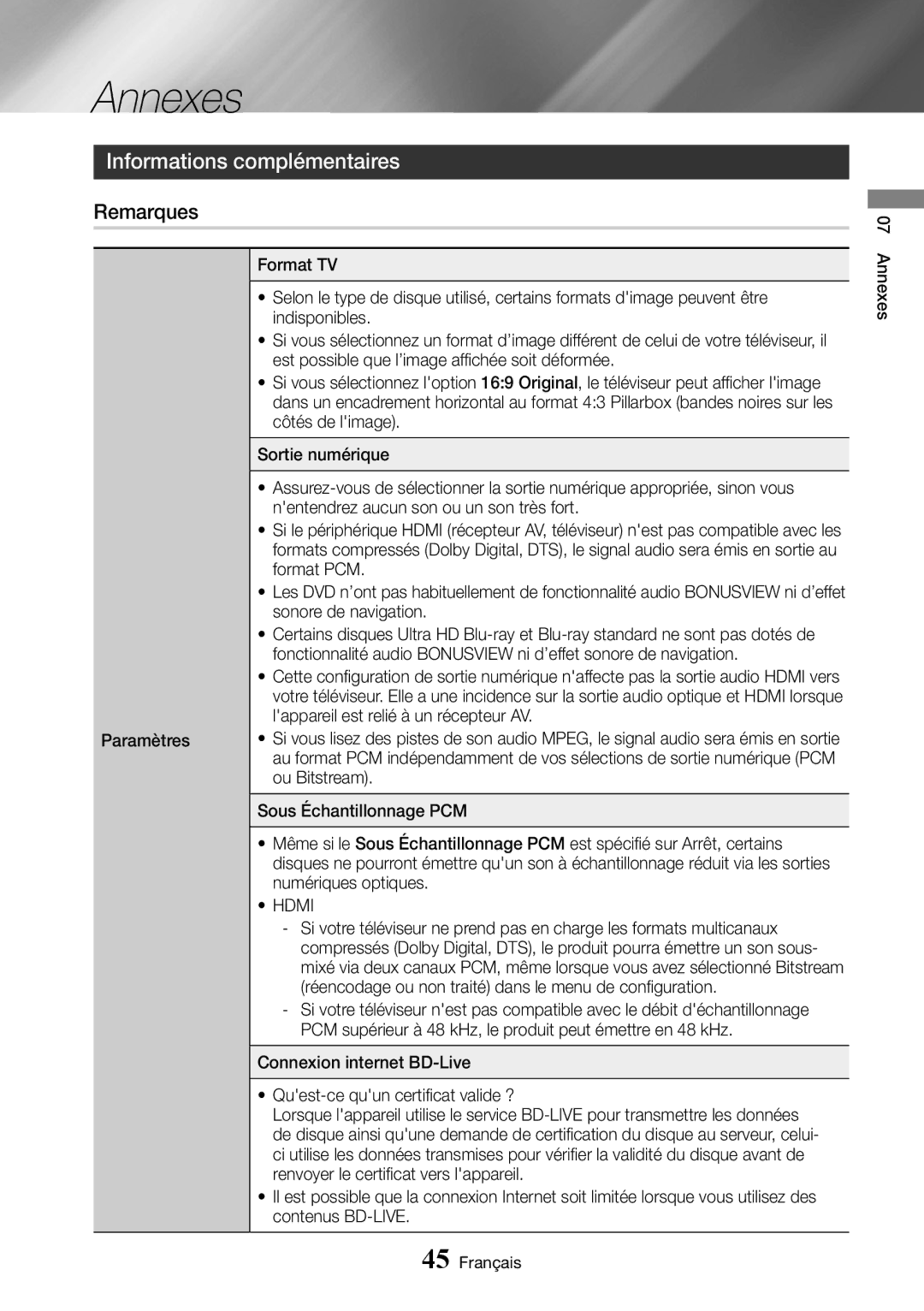 Samsung UBD-M8500/ZF manual Annexes, Informations complémentaires, Remarques 