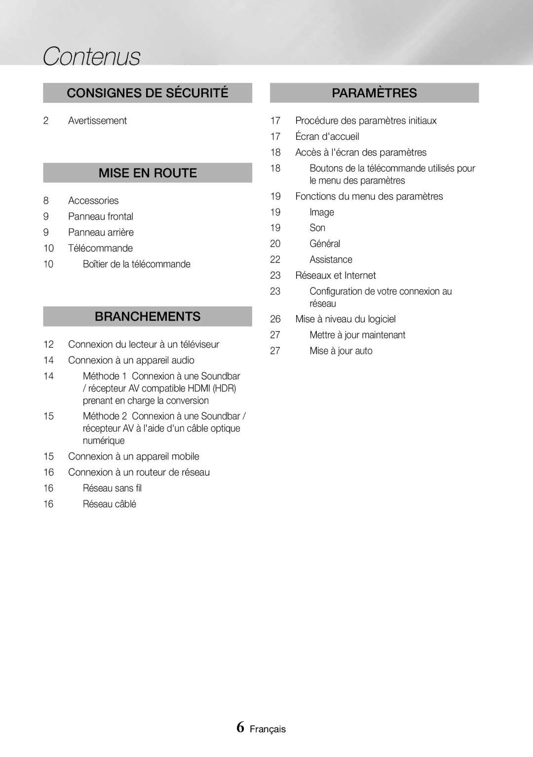 Samsung UBD-M8500/ZF manual Contenus, Avertissement 