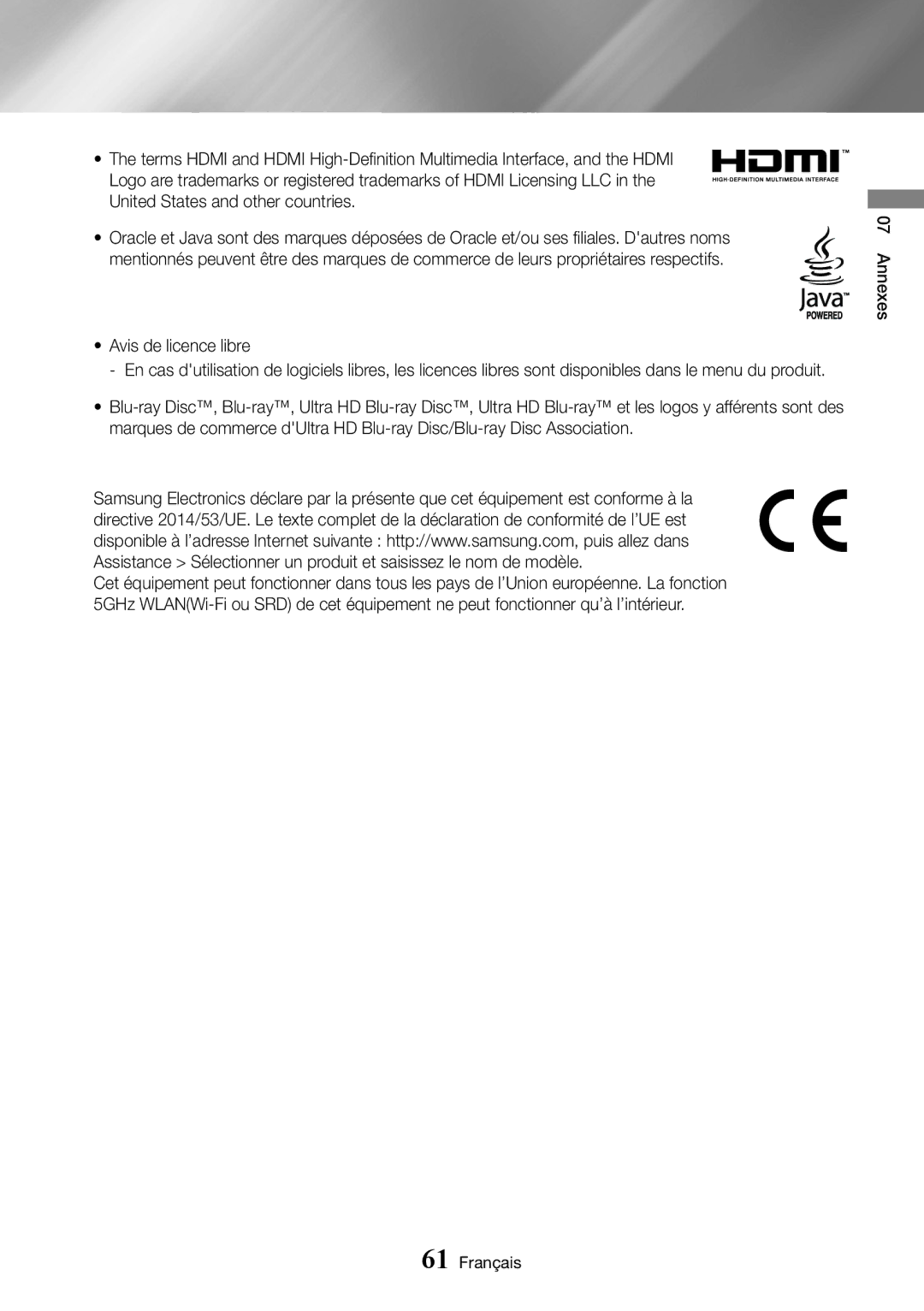 Samsung UBD-M8500/ZF manual Annexes Français 