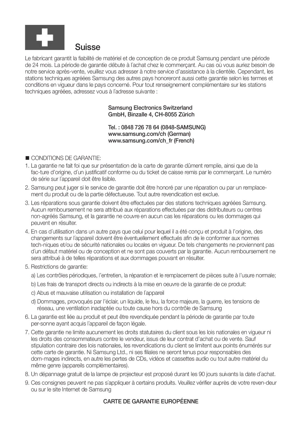 Samsung UBD-M8500/ZF manual @ Conditions DE Garantie, Restrictions de garantie, Carte DE Garantie Européenne 