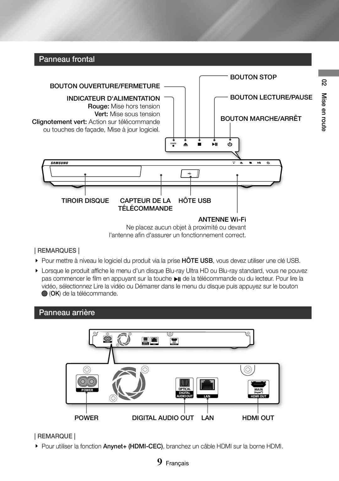 Samsung UBD-M8500/ZF manual Panneau frontal, Panneau arrière, Bouton Stop Bouton LECTURE/PAUSE Bouton MARCHE/ARRÊT 