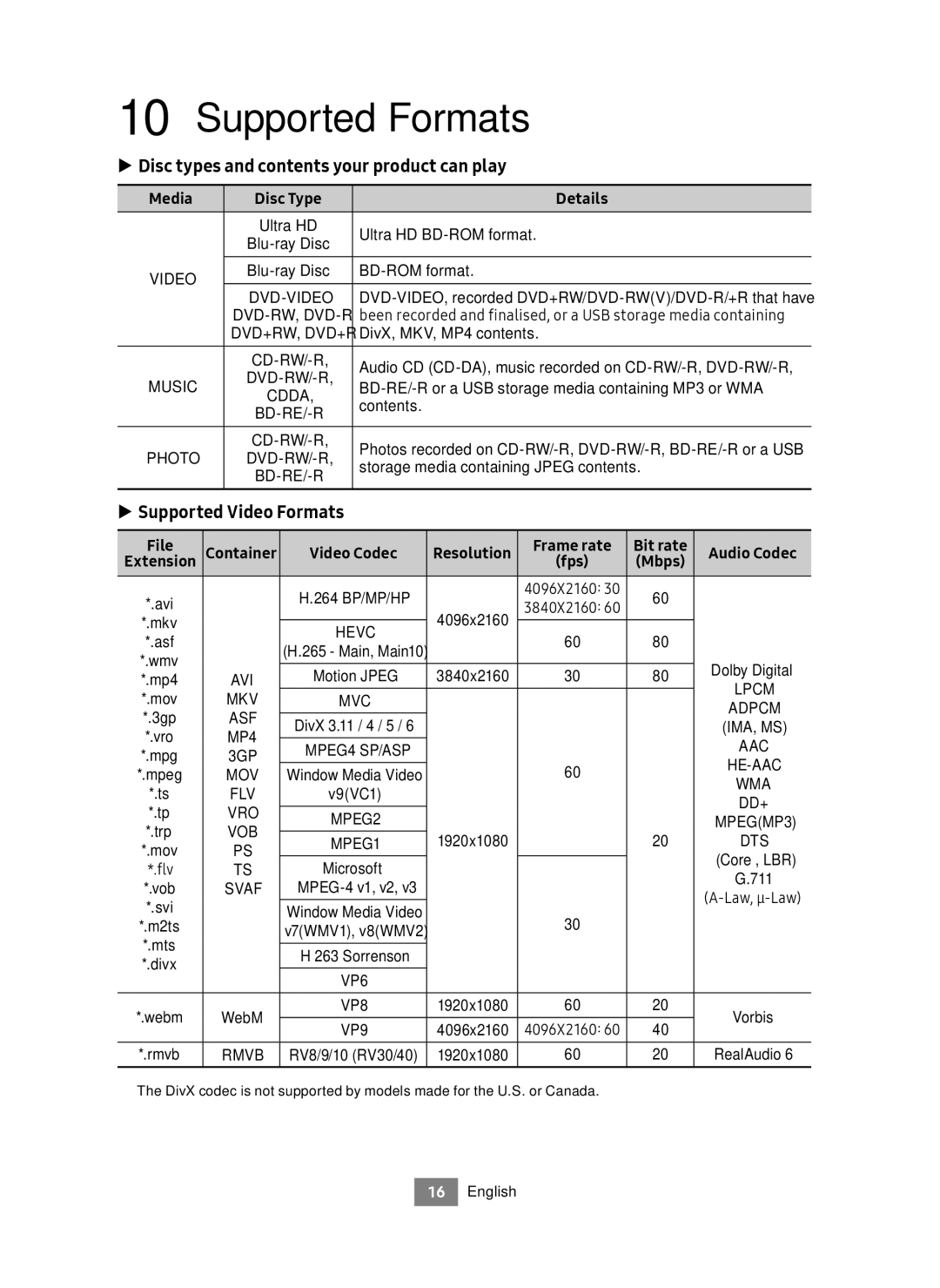 Samsung UBD-M8500/ZF manual Supported Formats, Disc types and contents your product can play, Supported Video Formats 