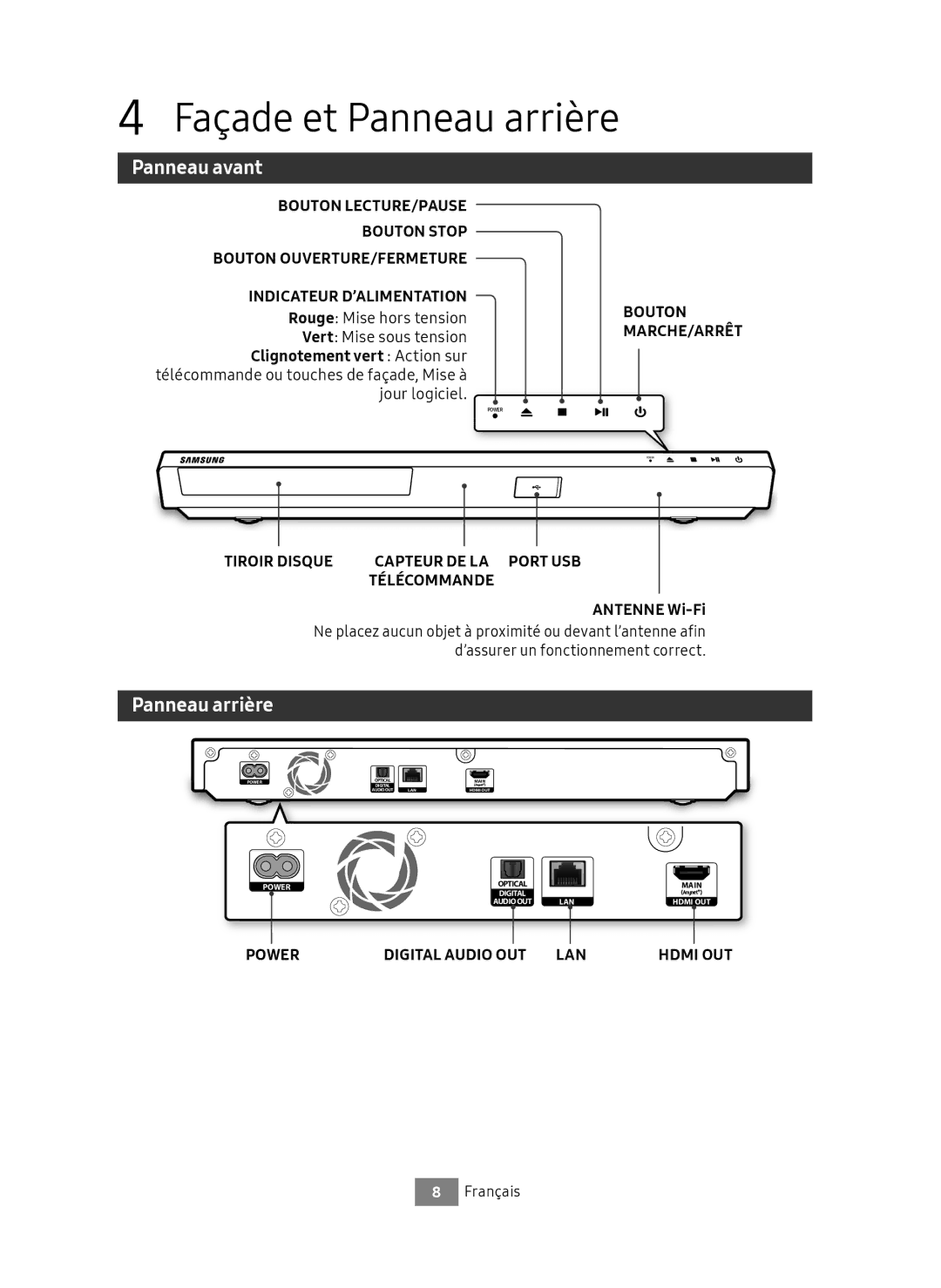 Samsung UBD-M8500/ZF manual Façade et Panneau arrière, Panneau avant, Bouton MARCHE/ARRÊT 