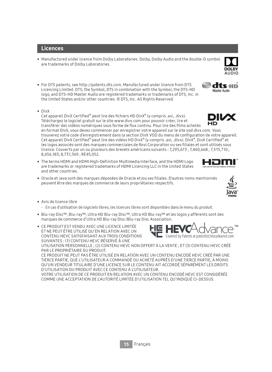 Samsung UBD-M8500/ZF manual Licences, CE Produit EST Vendu Avec UNE Licence Limitée 