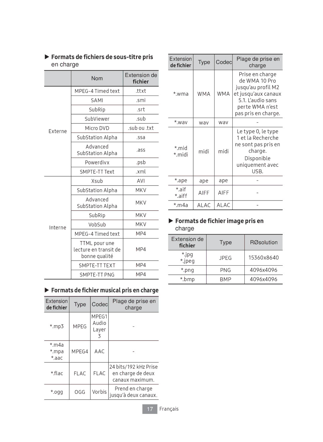 Samsung UBD-M8500/ZF manual Formats de fichiers de sous-titre pris en charge, Formats de fichier image pris en charge, Nom 