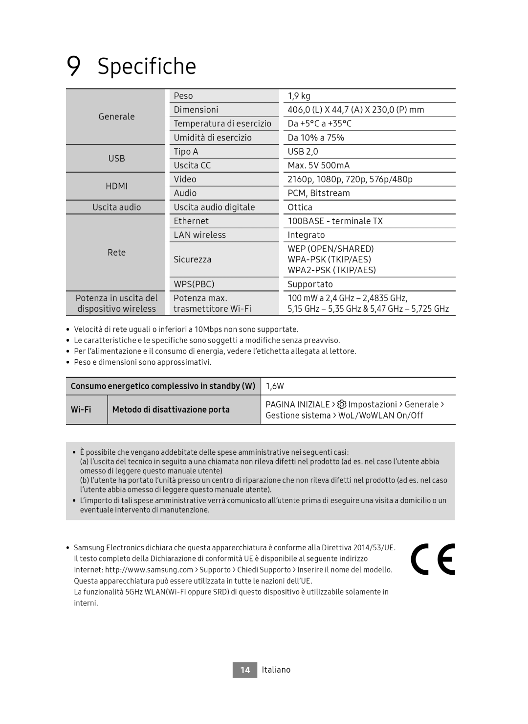 Samsung UBD-M8500/ZF manual Specifiche, Wi-Fi Metodo di disattivazione porta, Pagina Iniziale Impostazioni Generale 