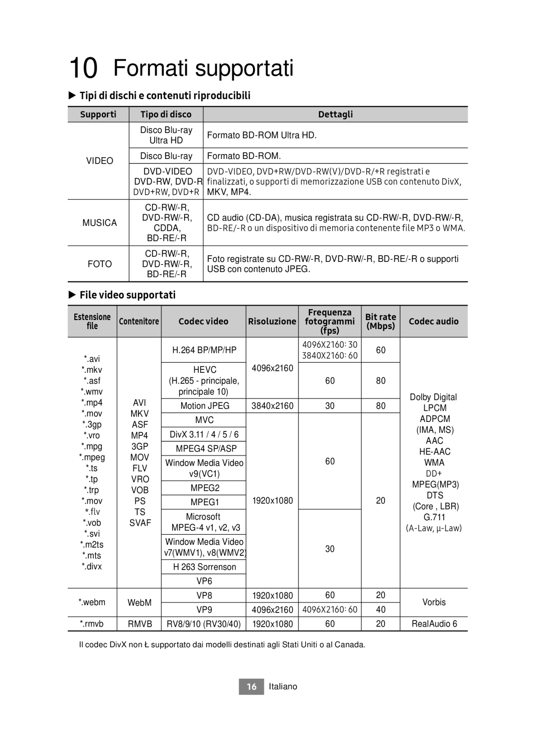 Samsung UBD-M8500/ZF manual Formati supportati, Tipi di dischi e contenuti riproducibili, File video supportati 