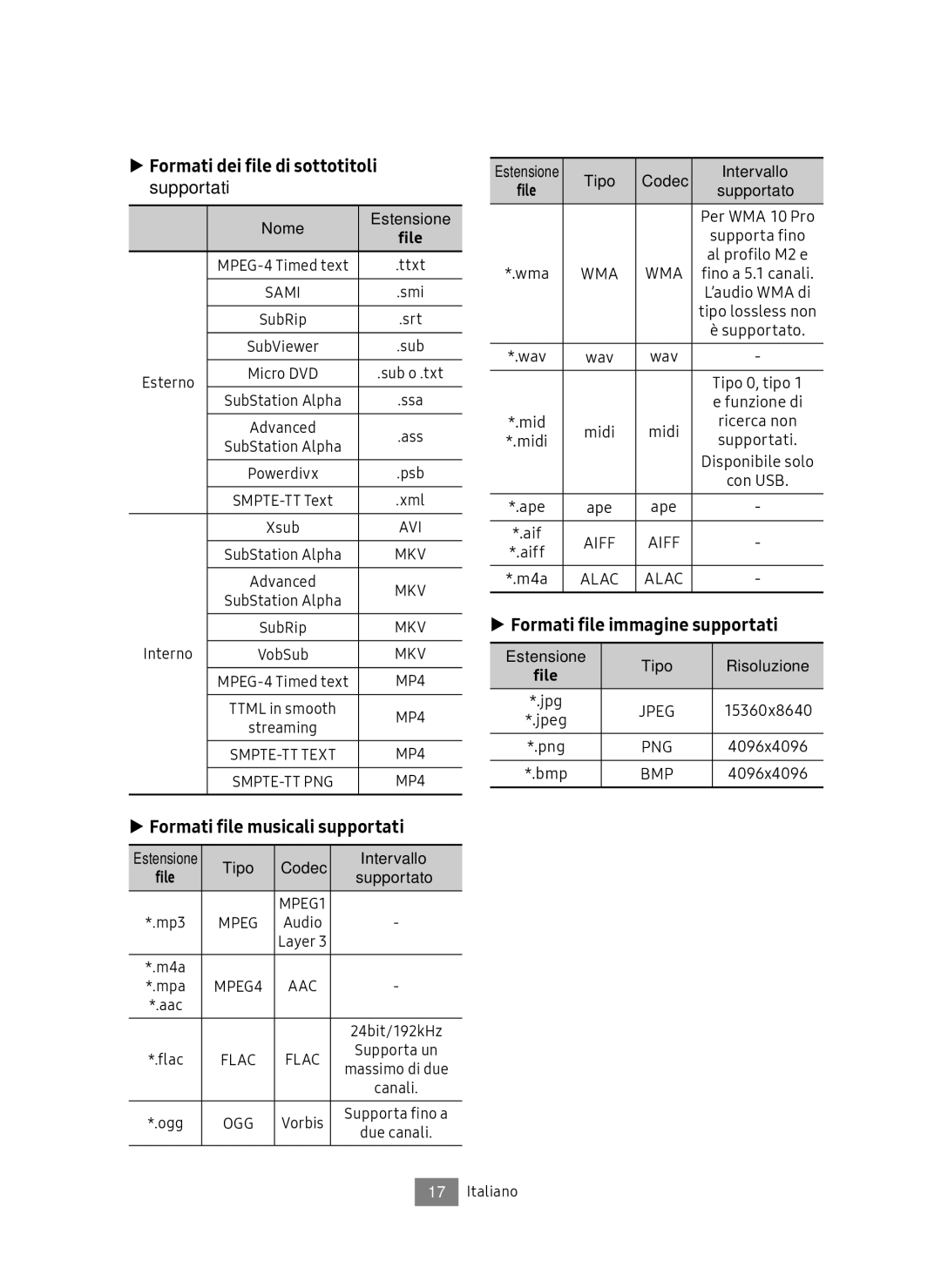 Samsung UBD-M8500/ZF manual Formati dei file di sottotitoli supportati, Formati file musicali supportati 