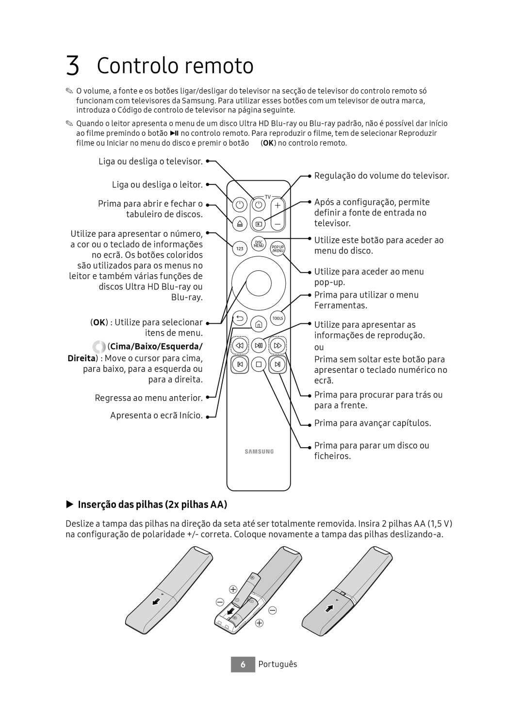 Samsung UBD-M8500/ZF manual Controlo remoto, Inserção das pilhas 2x pilhas AA, Cima/Baixo/Esquerda 