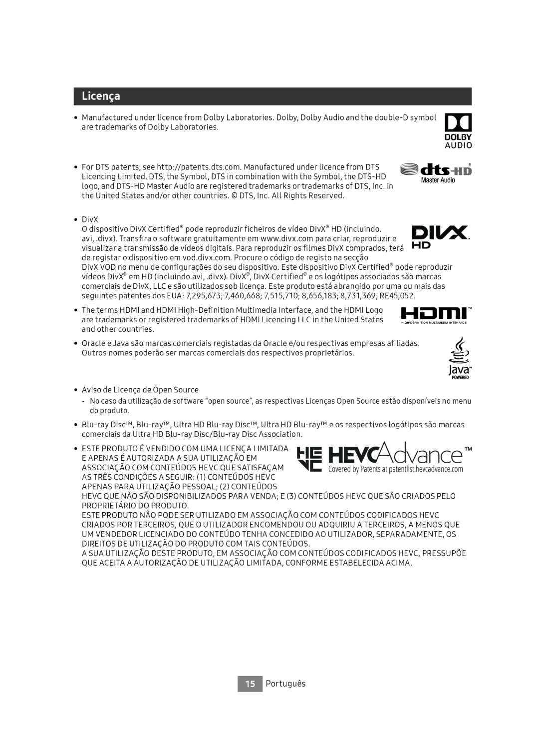 Samsung UBD-M8500/ZF manual Licença 