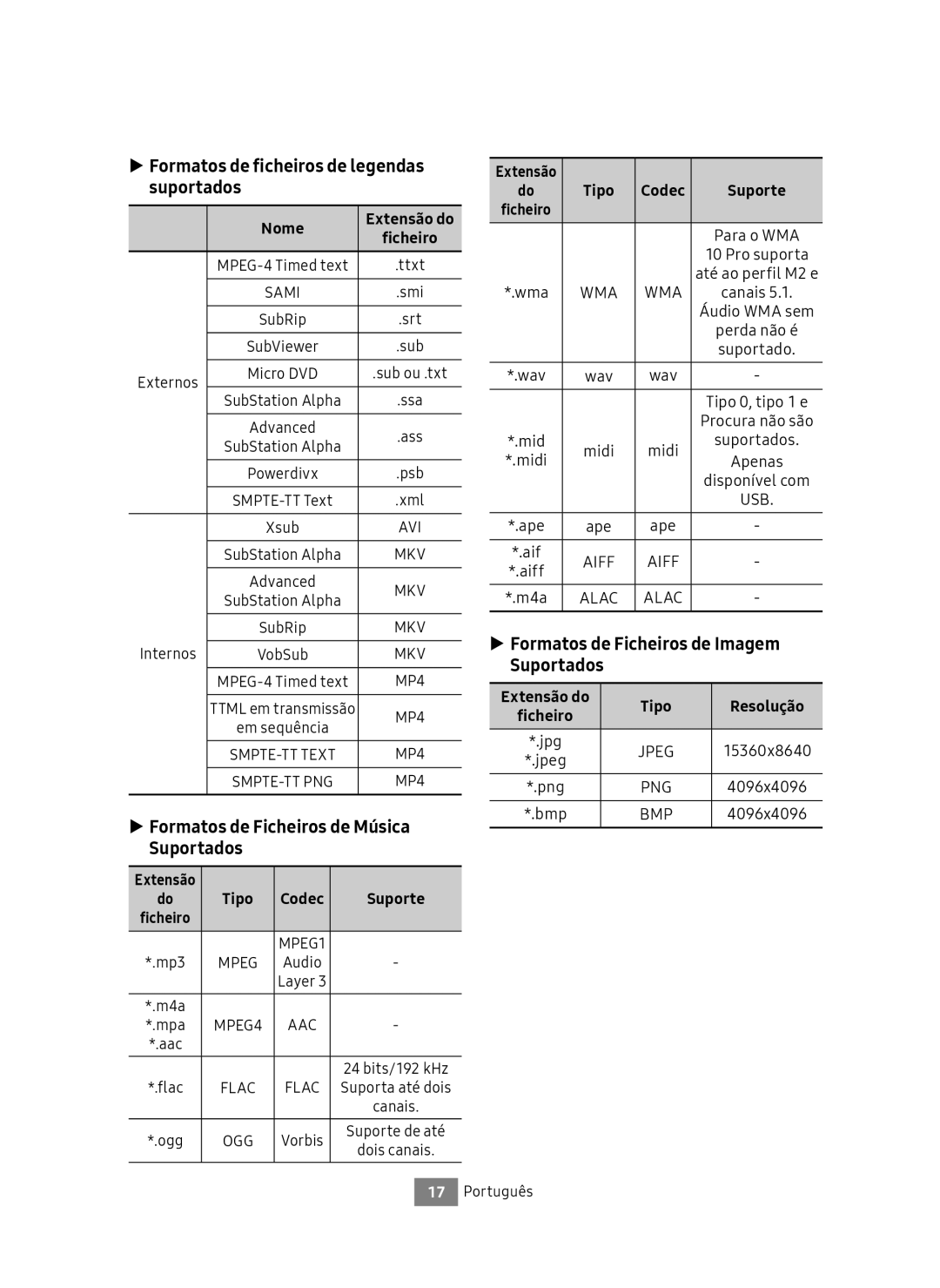 Samsung UBD-M8500/ZF manual Formatos de ficheiros de legendas suportados, Formatos de Ficheiros de Música Suportados 