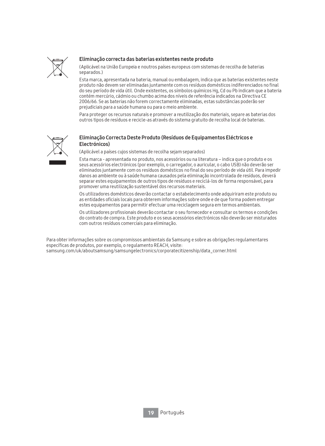 Samsung UBD-M8500/ZF manual Eliminação correcta das baterias existentes neste produto 