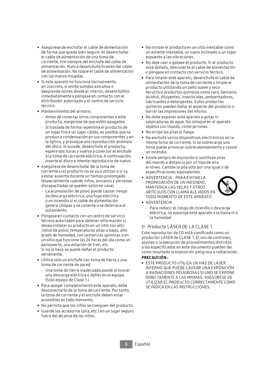 Samsung UBD-M8500/ZF manual ▷▷ Producto Láser DE LA Clase, Advertencia Para Evitar LA Propagación DE UN Incendio 