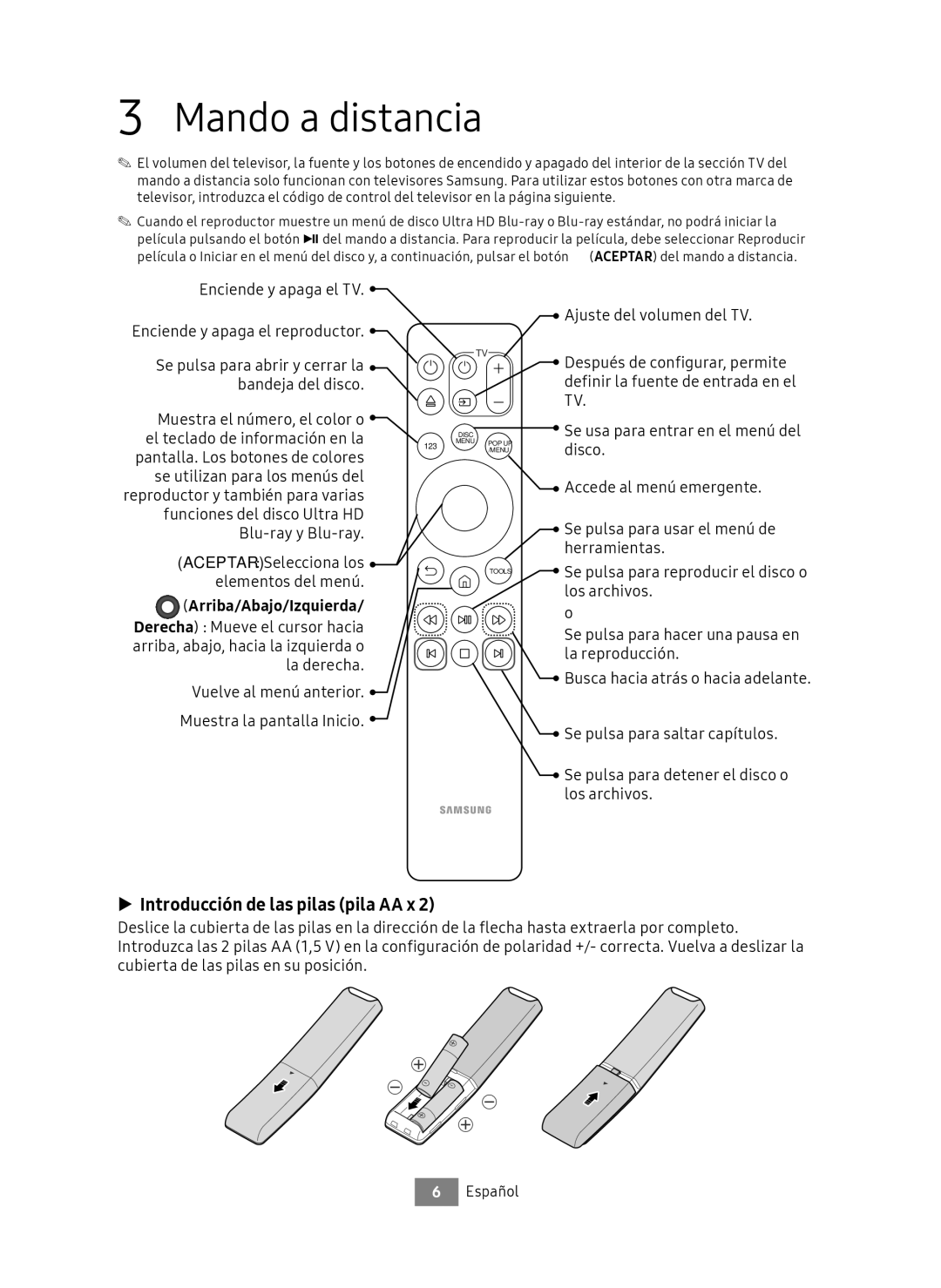 Samsung UBD-M8500/ZF manual Mando a distancia, Introducción de las pilas pila AA x, Arriba/Abajo/Izquierda 